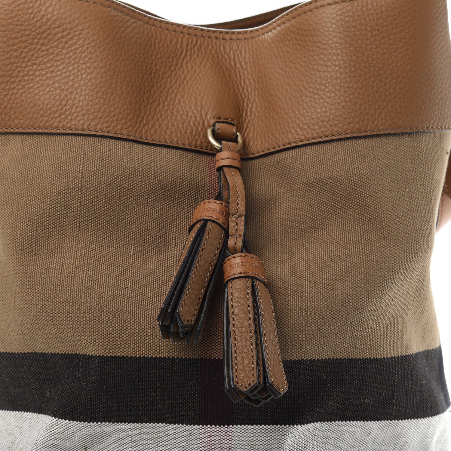 Burberry Grainy Calfskin Canvas Mega Check Medium Ashby Tassel Hobo Saddle Brown 9 of 9