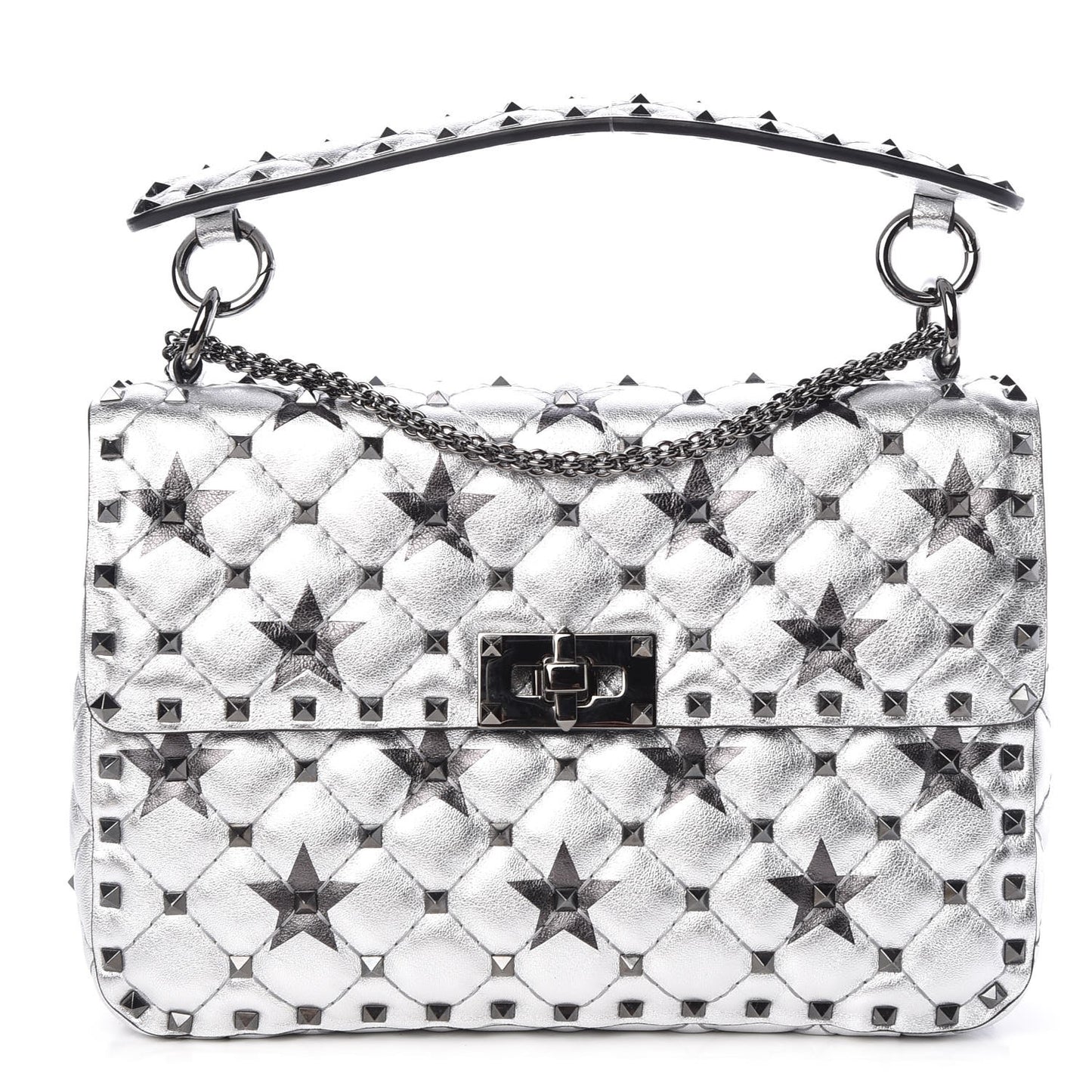 Metallic Lambskin Medium Star Rockstud Spike Shoulder Bag Silver