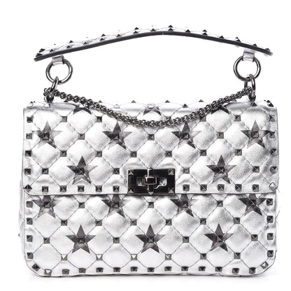 Valentino Garavani Metallic Lambskin Medium Star Rockstud Spike Shoulder Bag Silver 1 of 6