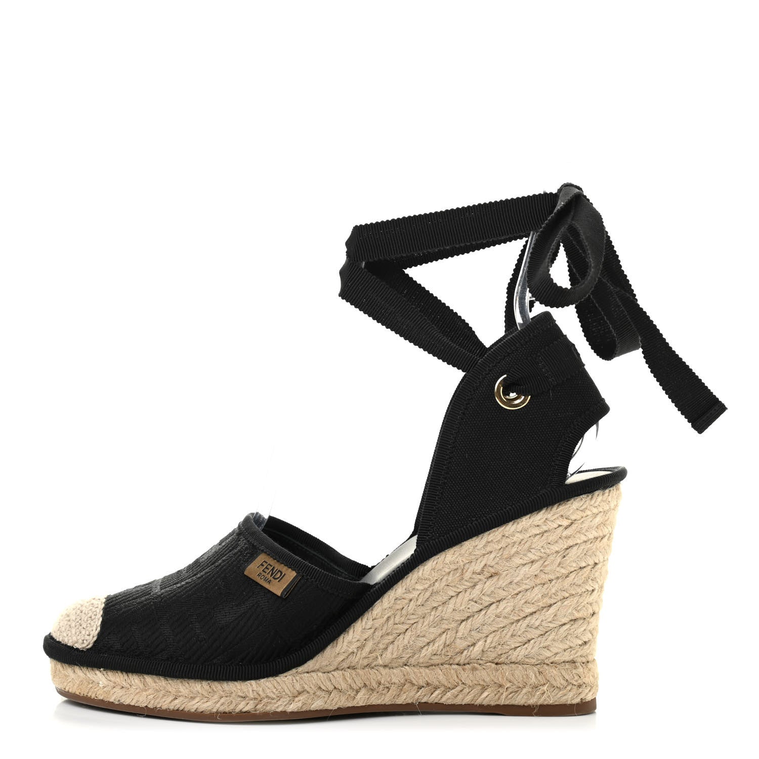 Fendi Canvas FF Embroidered Roma Ankle Wrap Espadrille Wedges 38 Black 1 of 7