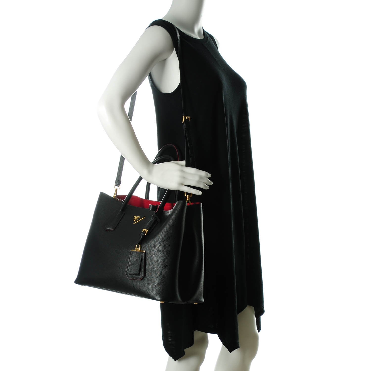 Prada Saffiano Cuir Large Double Bag Nero Black Ciliegia 2 of 7