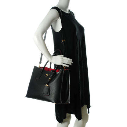 Prada Saffiano Cuir Large Double Bag Nero Black Ciliegia 2 of 7