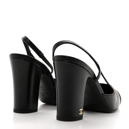 Chanel Lambskin Grosgrain Cap Toe CC Slingback Pumps 37 Black 4 of 9