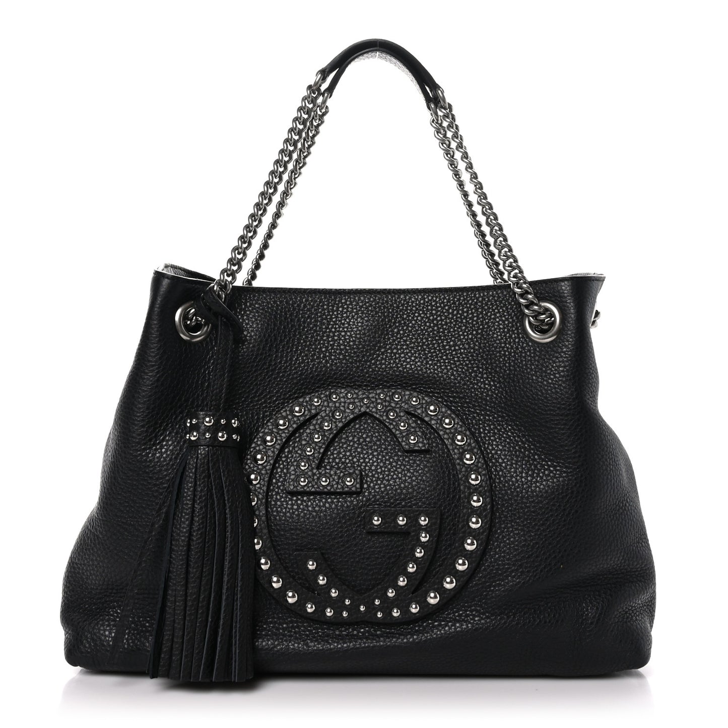 Pebbled Calfskin Studded Medium Soho Chain Shoulder Bag Black