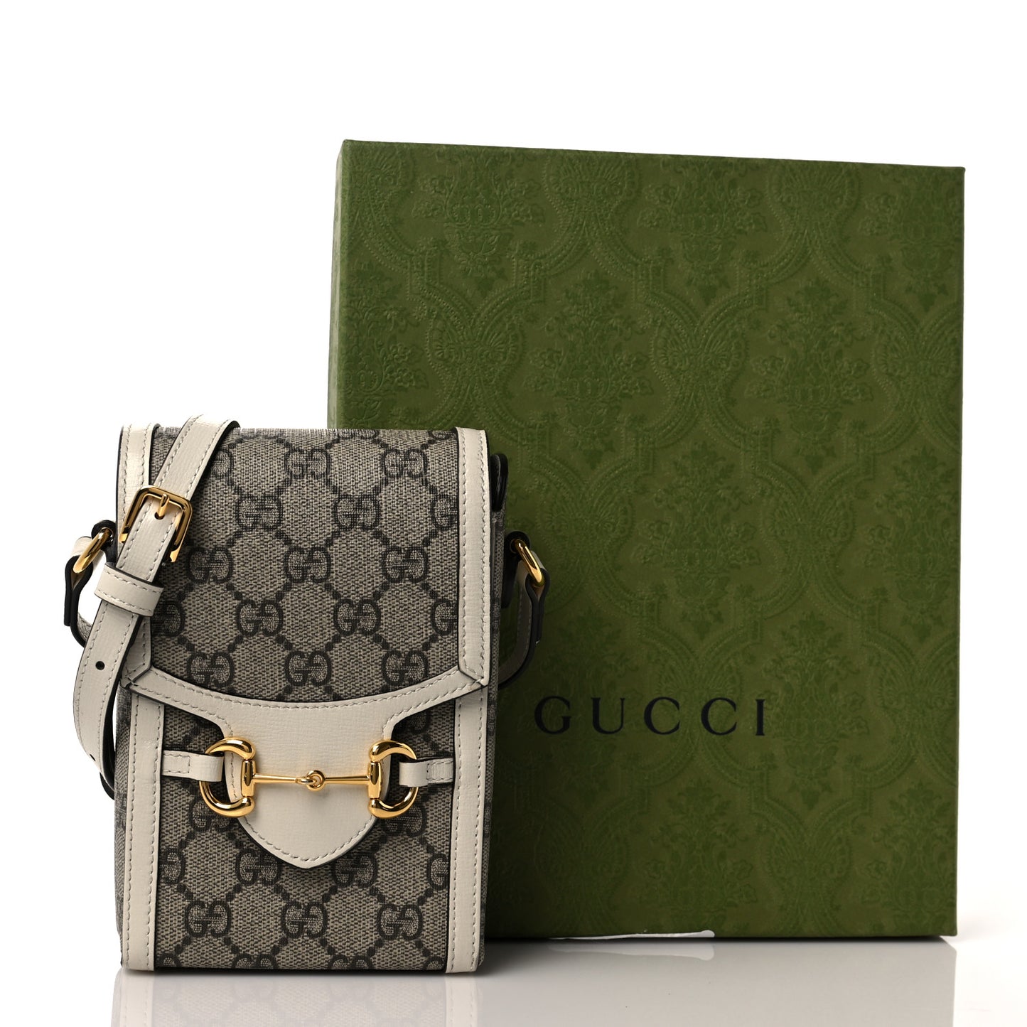 GG Supreme Monogram Azalea Calfskin Mini Horsebit 1955 Crossbody Bag Beige Ebony Mystic White