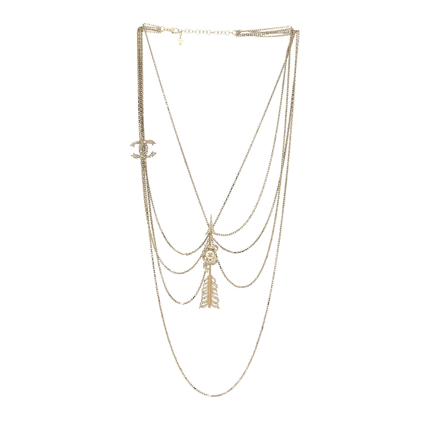 Pearl Chain CC Long Arrow Multistrand Necklace Gold Pearly White