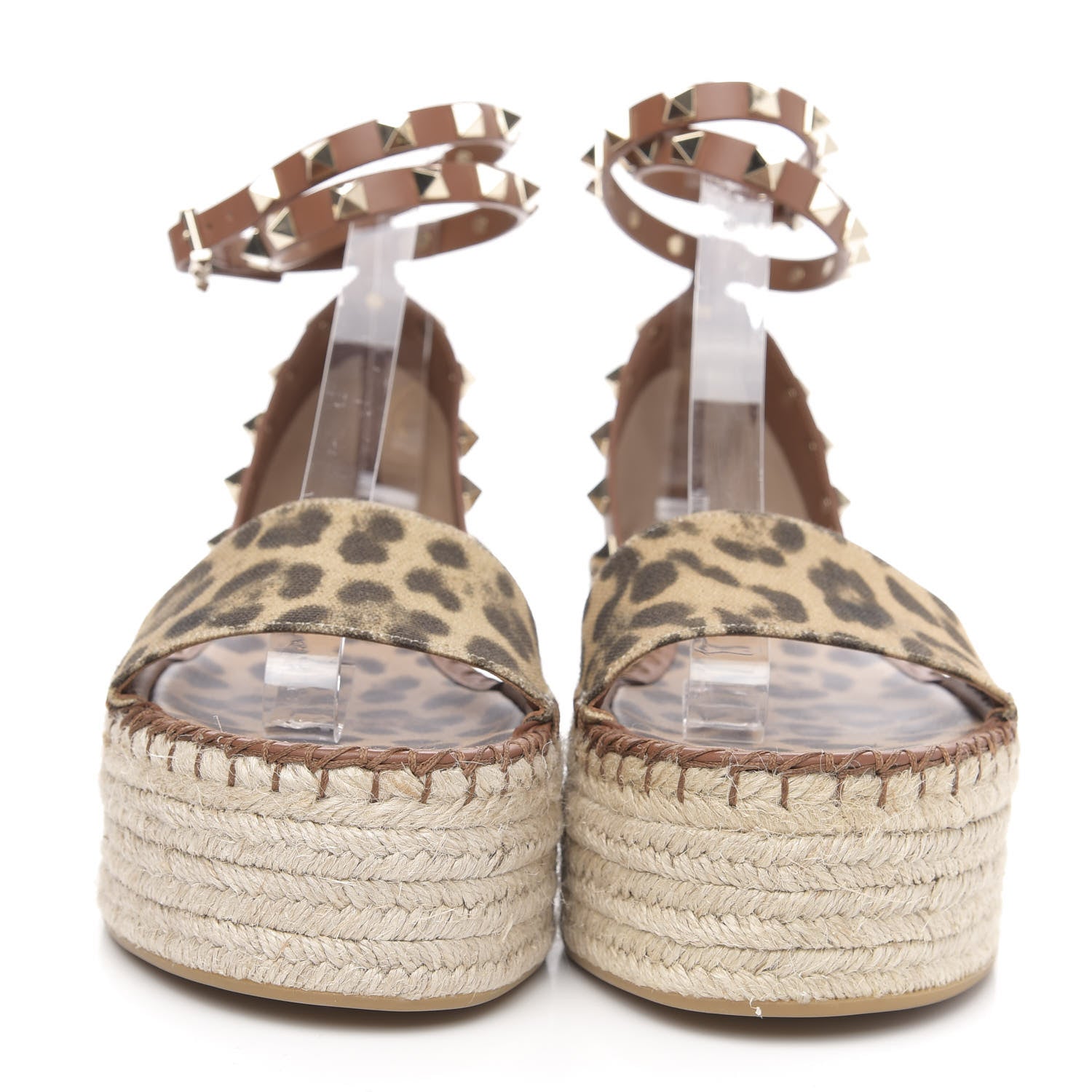 Valentino Garavani Canvas Leopard Print Rockstud Ankle Wrap Espadrille Flatform Sandals 36 Brown 2 of 7