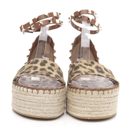 Valentino Garavani Canvas Leopard Print Rockstud Ankle Wrap Espadrille Flatform Sandals 36 Brown 2 of 7