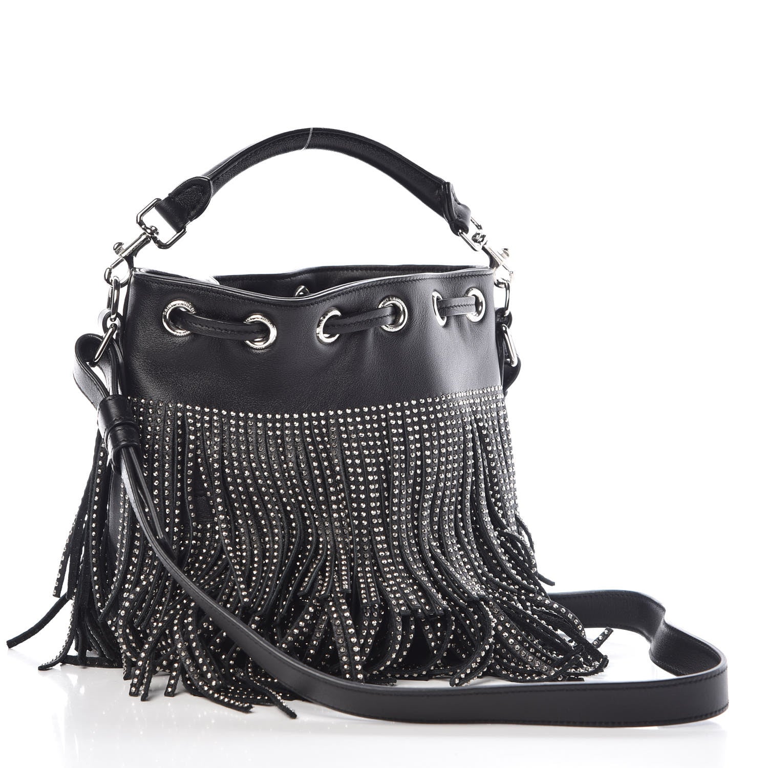 Saint Laurent Calfskin Studded Small Emmanuelle Fringe Bucket Bag Black 3 of 10