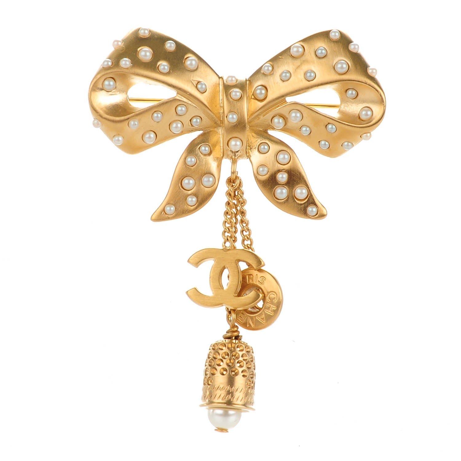 Chanel Pearl Bow CC Brooch Pin Gold 1 of 5