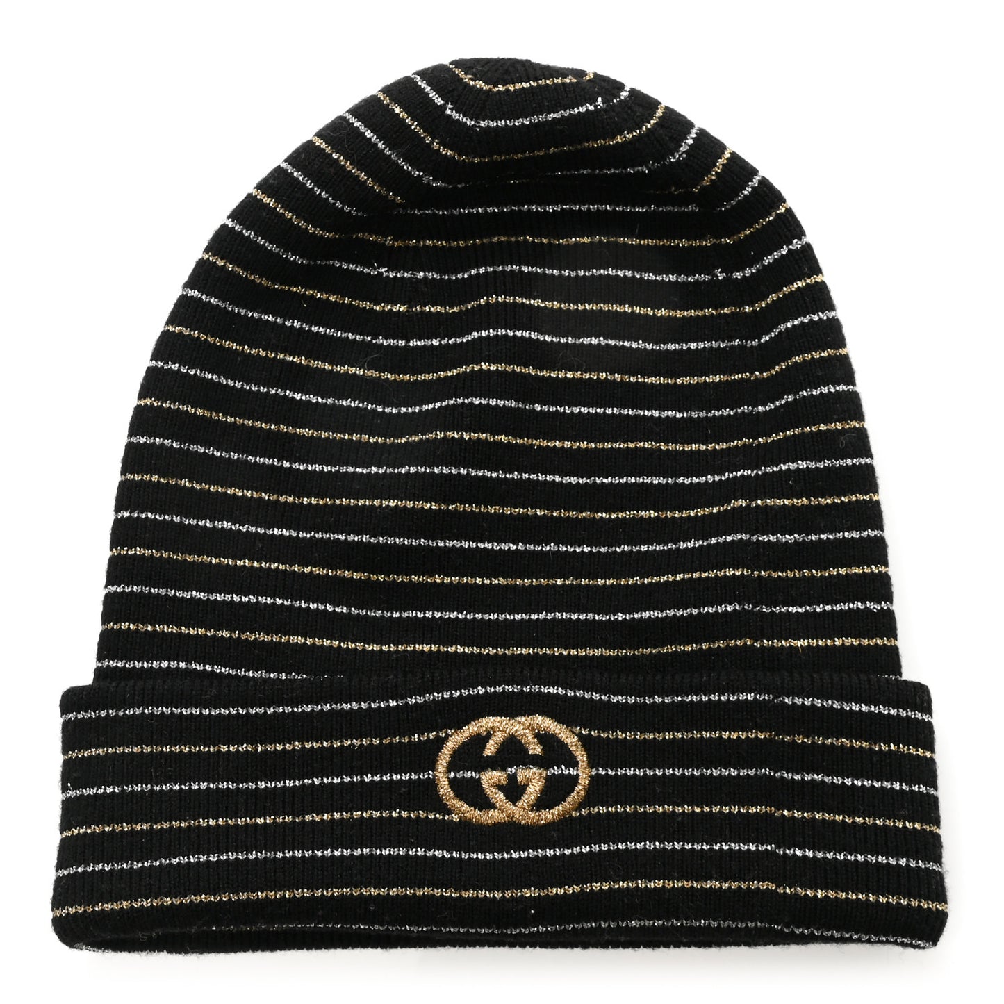 Metallic Wool Polyester Stripe Beanie Hat M Black Gold