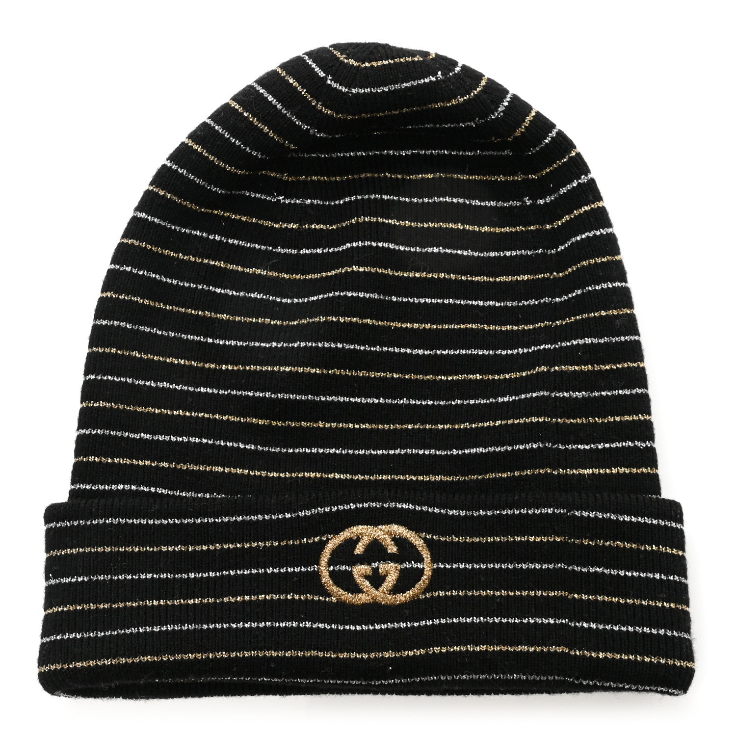 Gucci Metallic Wool Polyester Stripe Beanie Hat M Black Gold 1 of 4