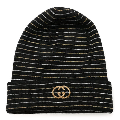 Gucci Metallic Wool Polyester Stripe Beanie Hat M Black Gold 1 of 4