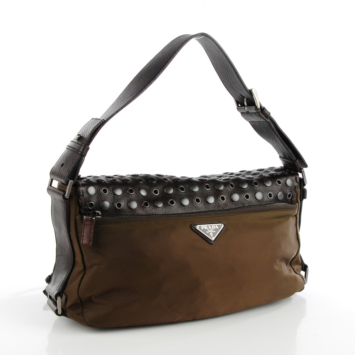 Tessuto Nylon Calfskin Studded Shoulder Bag Bruciato