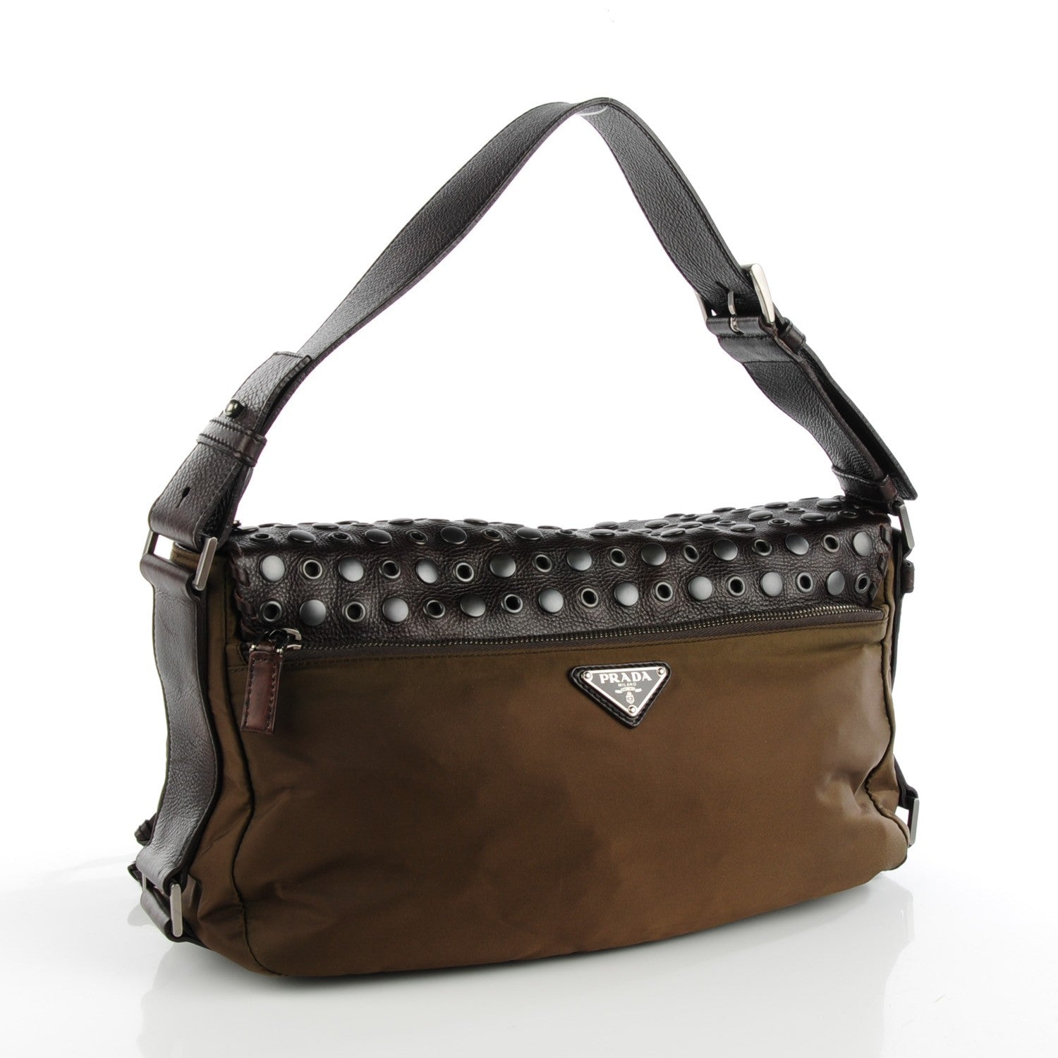 Prada Tessuto Nylon Calfskin Studded Shoulder Bag Bruciato 3 of 7