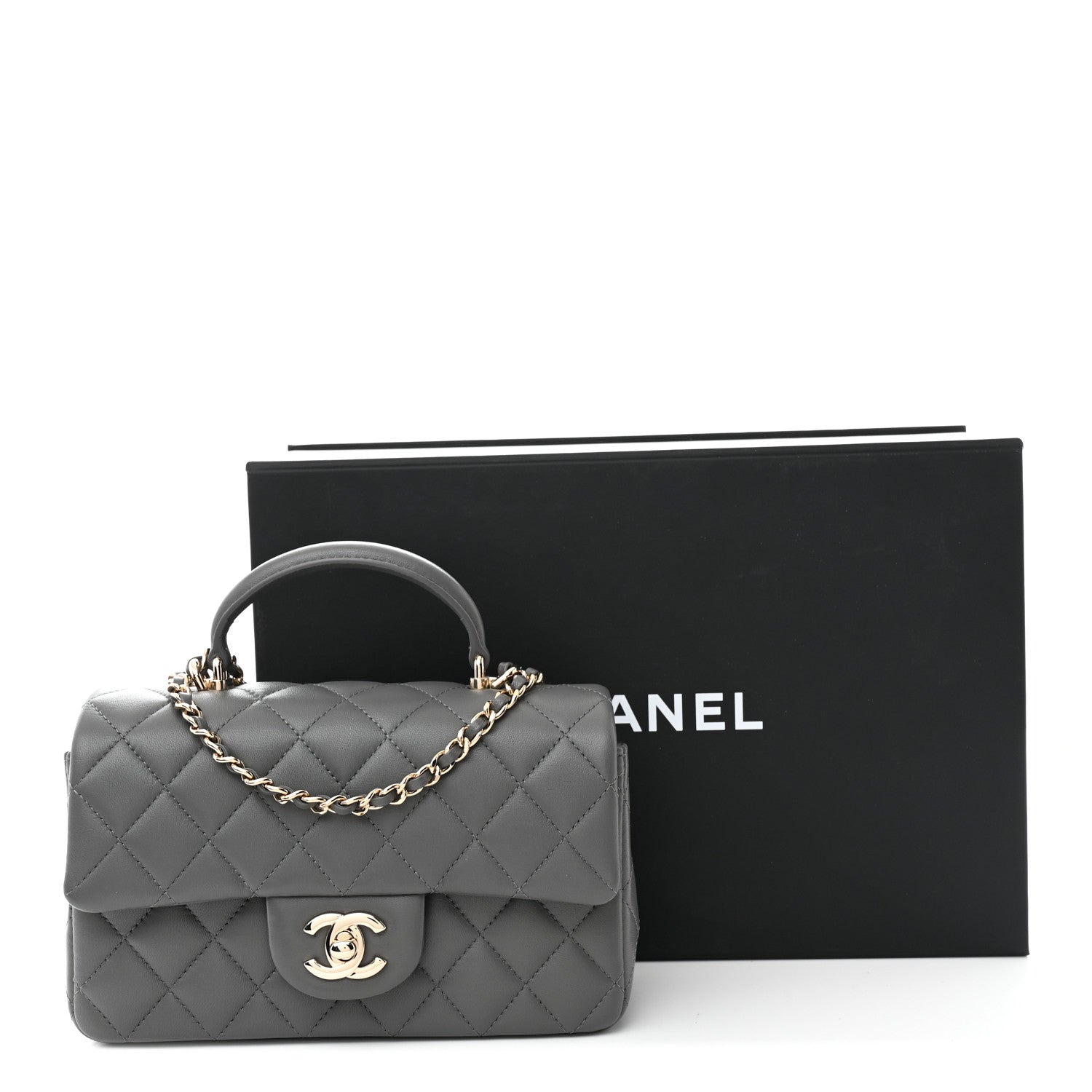 Chanel Lambskin Quilted Mini Top Handle Rectangular Flap Dark Grey