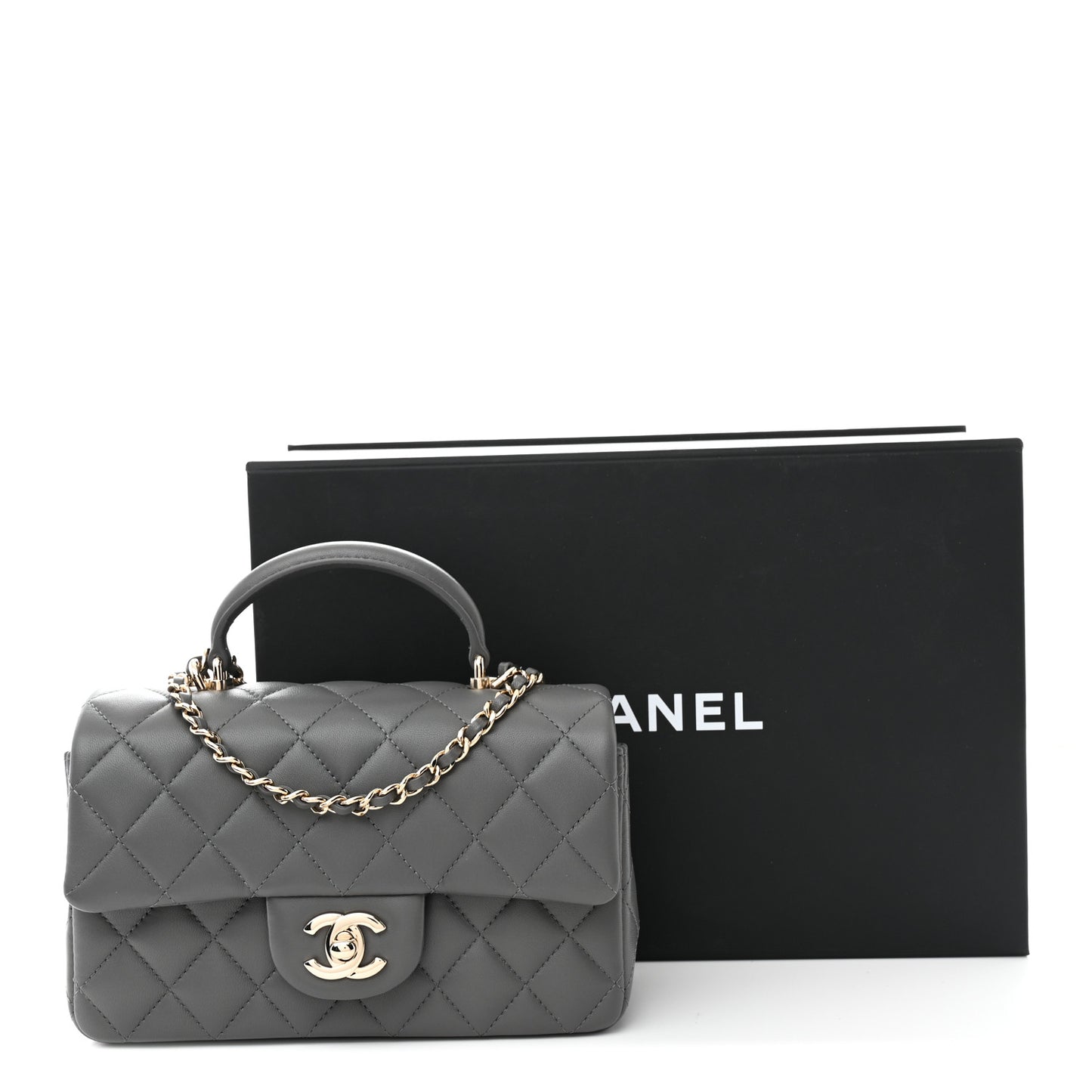 Lambskin Quilted Mini Top Handle Rectangular Flap Dark Grey