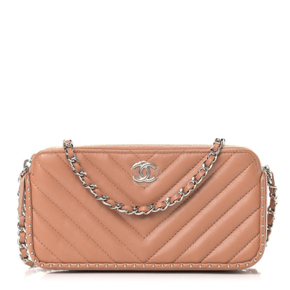 Chanel Lambskin Chevron Quilted Studded Small Clutch With Chain Beige 1 of 11