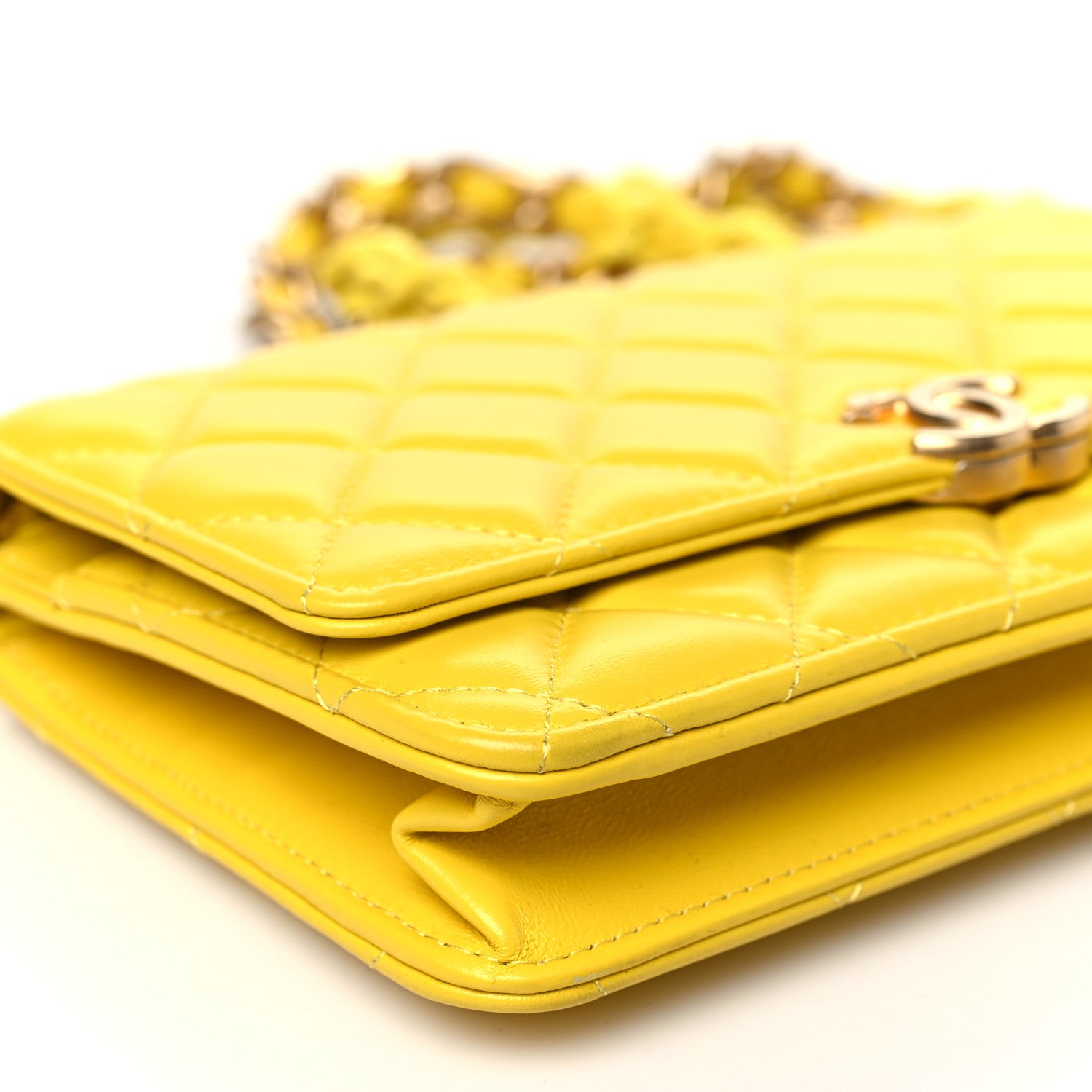 Chanel Lambskin Resin Quilted Wallet On Chain WOC Yellow 10 of 11
