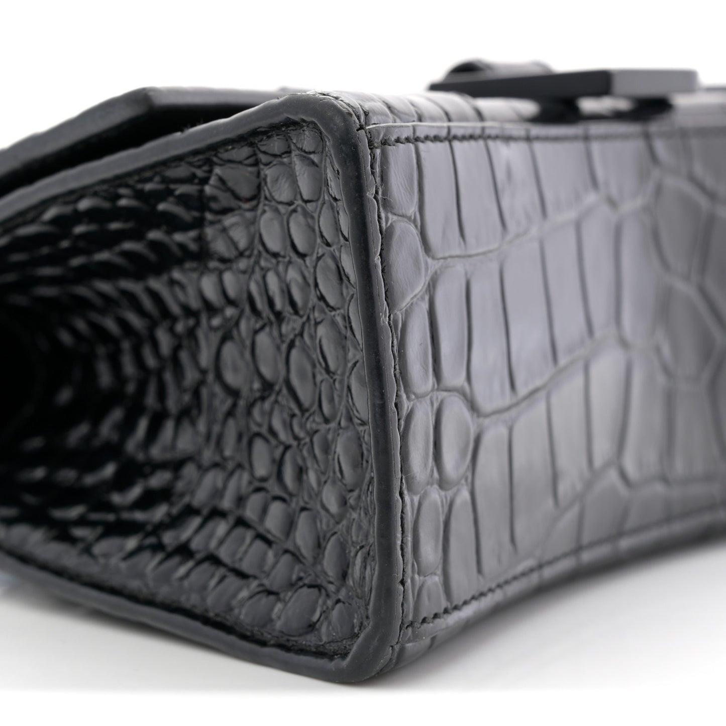 Shiny Calfskin Monochrome Crocodile Embossed Hourglass Top Handle Bag XS Black