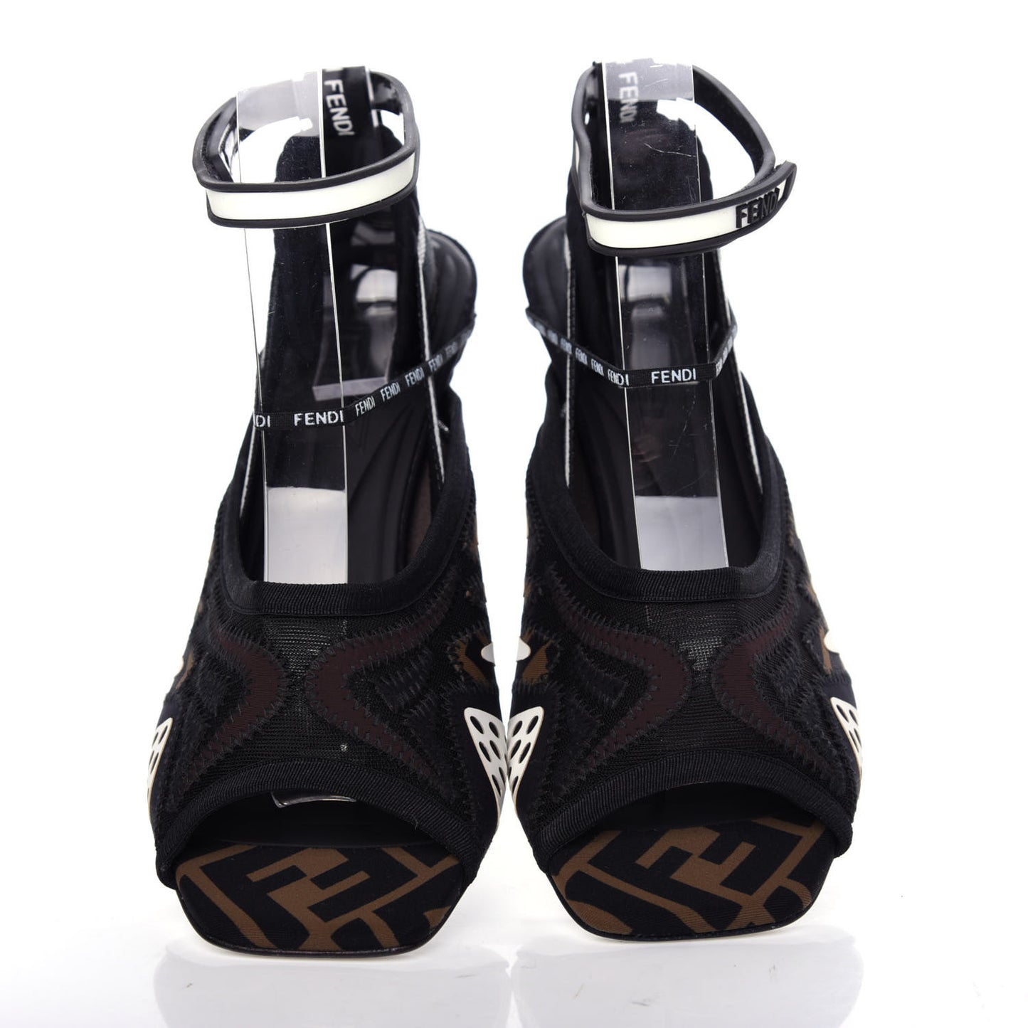 Technical Mesh FF FFreedom Patchwork Low Heel Peep Toe Sandals 38 Tobacco Black Asfalto