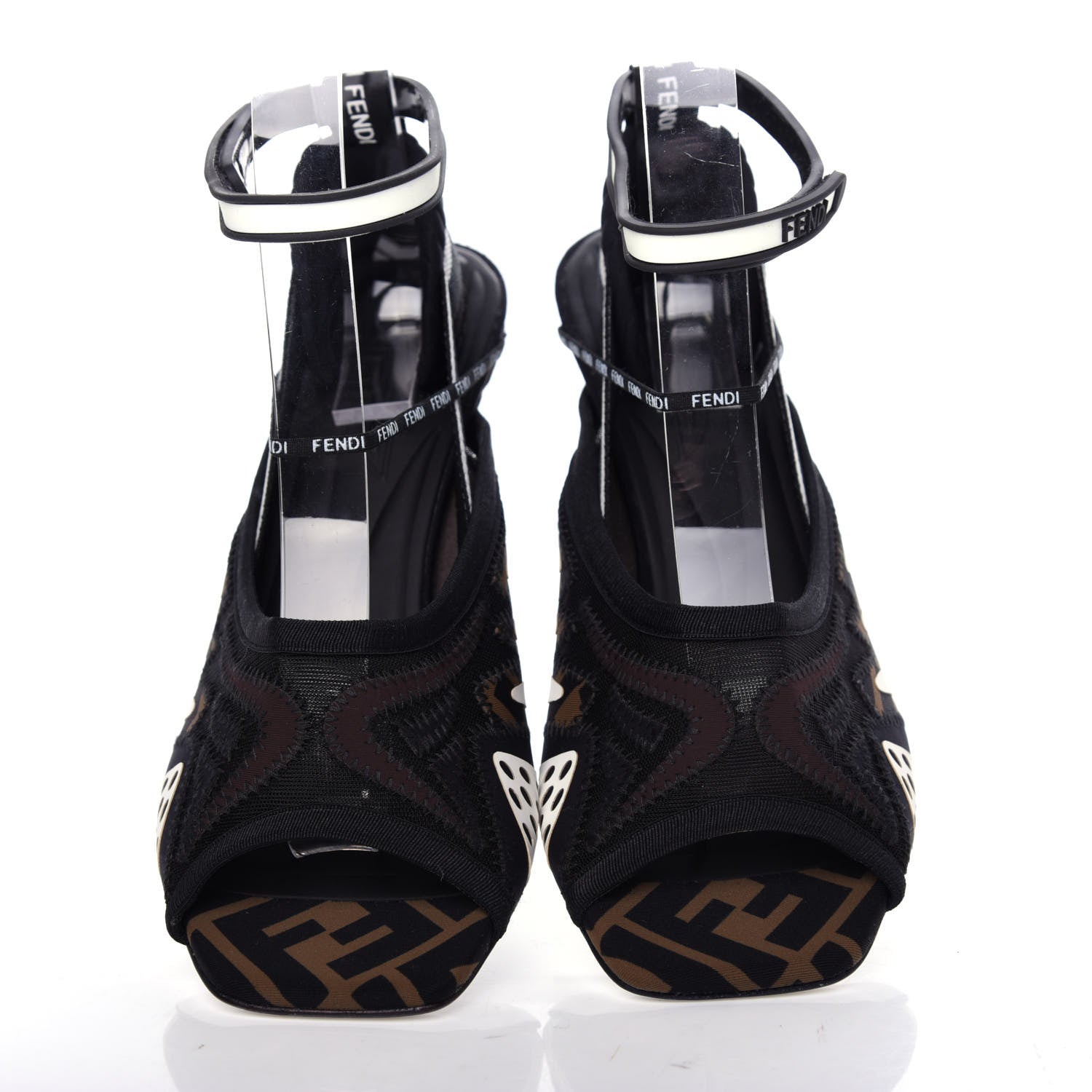 Fendi Technical Mesh FF FFreedom Patchwork Low Heel Peep Toe Sandals 38 Tobacco Black Asfalto 5 of 10
