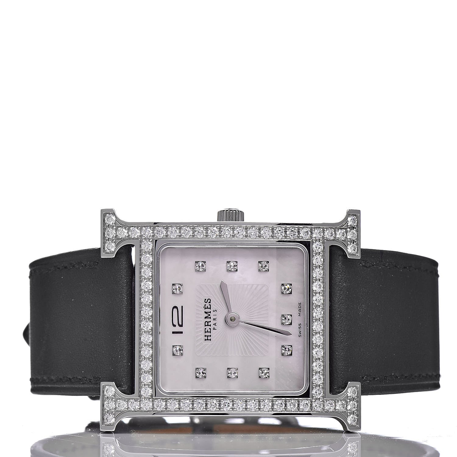 Hermes Stainless Steel Barenia Diamond Bezel Mother of Pearl 26mm Heure H Hour Quartz Watch Noir 3 of 10