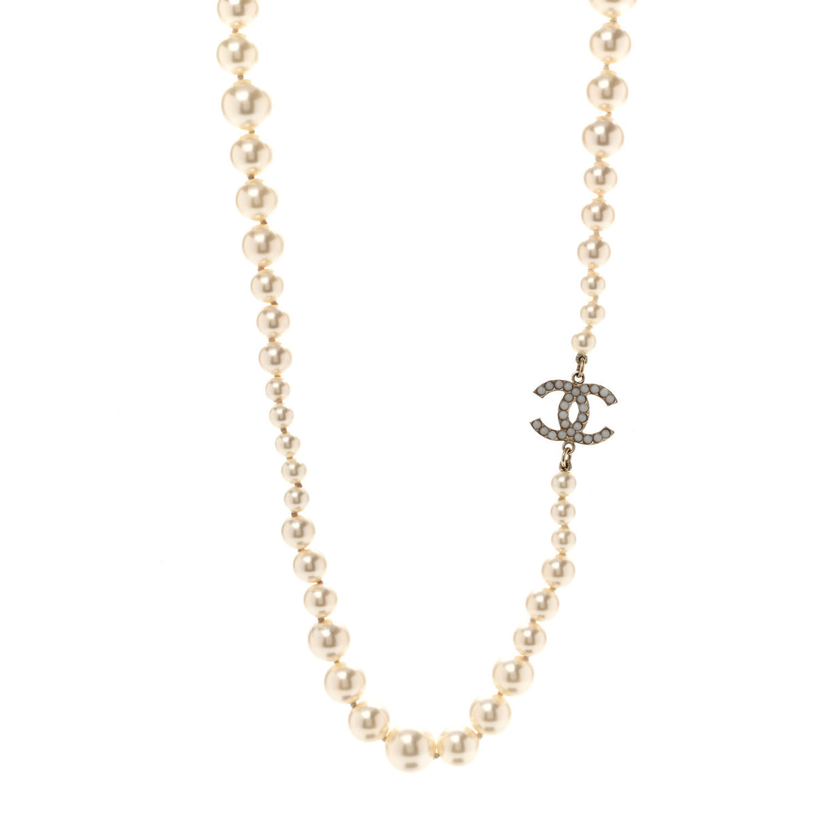 Graduated Pearl CC Long Necklace Light Gold