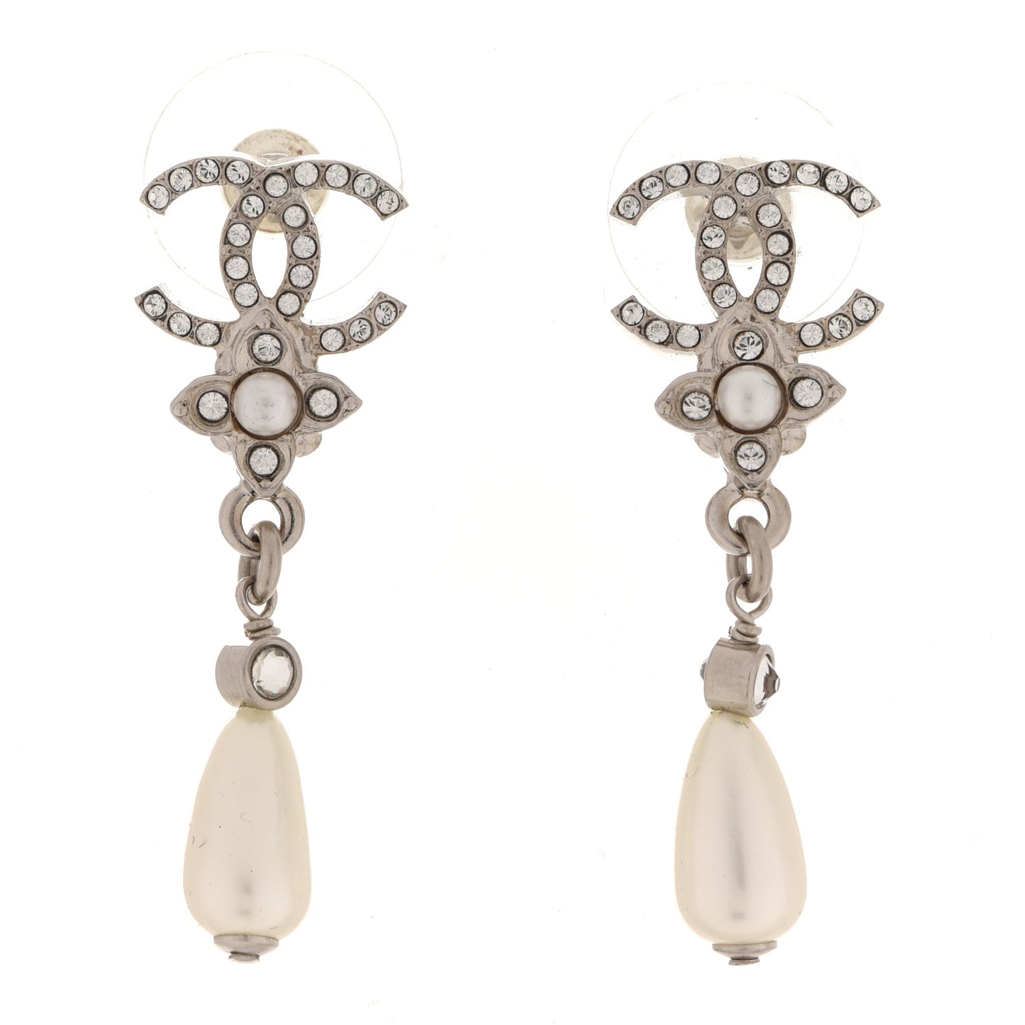 Crystal Pearl Flower CC Drop Earrings Silver