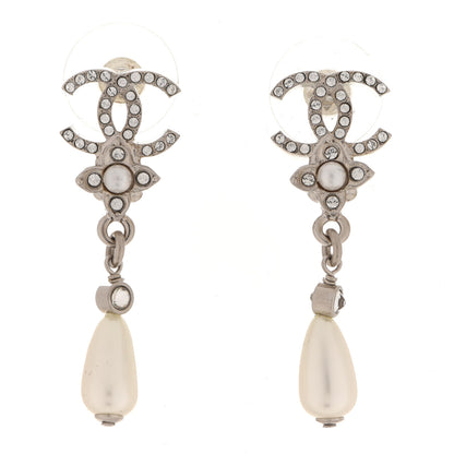 Chanel Crystal Pearl Flower CC Drop Earrings Silver 1 of 5