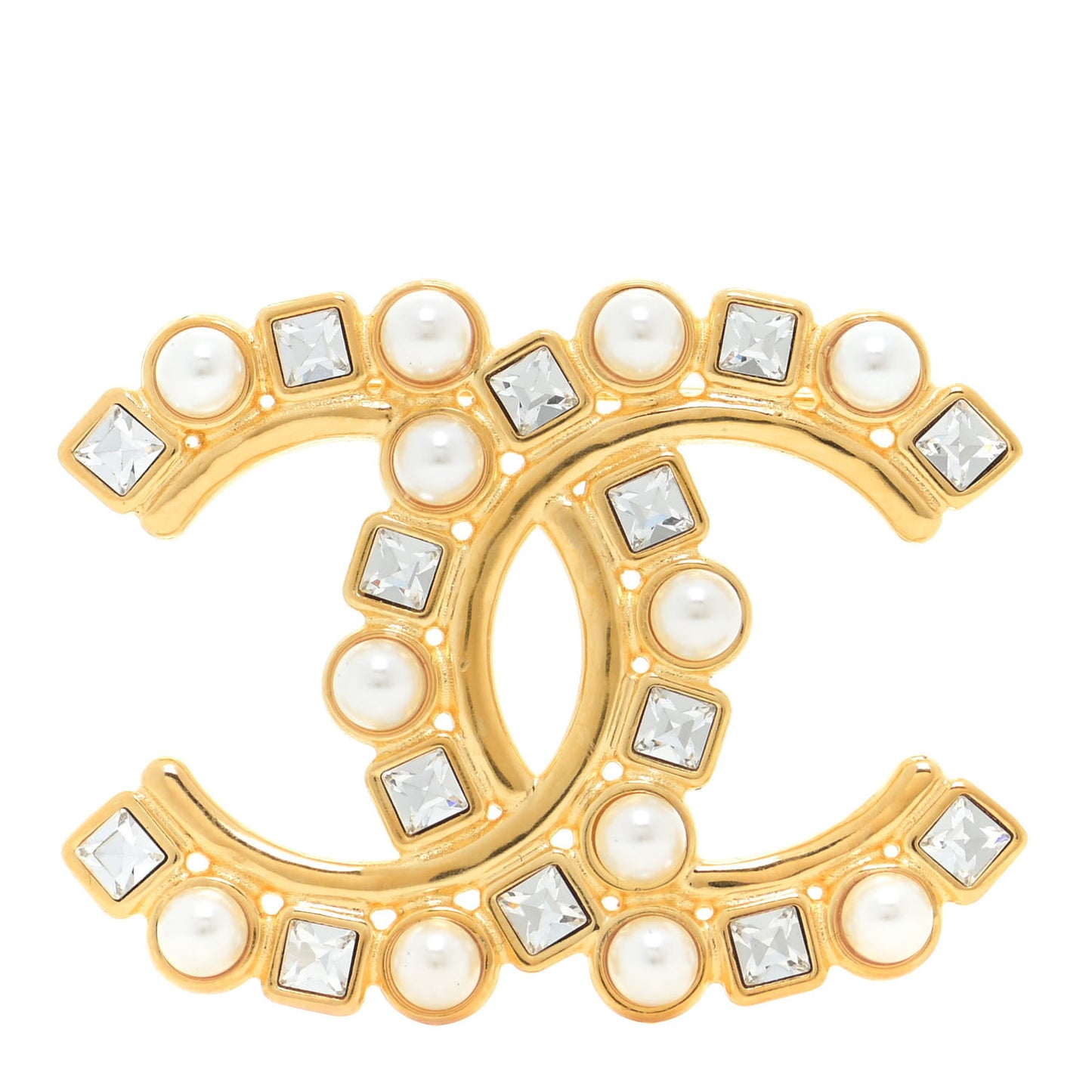 Pearl Crystal Baguette CC Brooch Gold