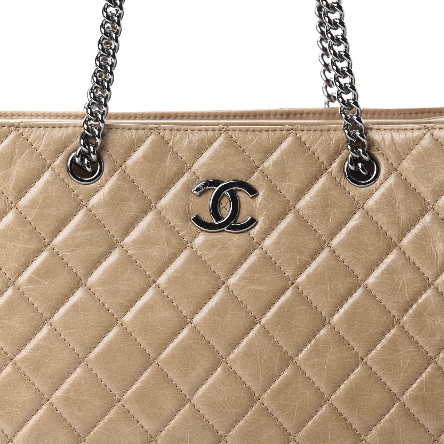 Glazed Calfskin Quilted Shopping Tote Beige