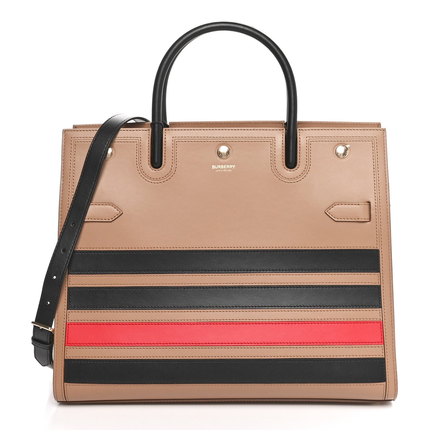 Smooth Calfskin Stripe Medium Two Handle Title Bag Camel Black Red