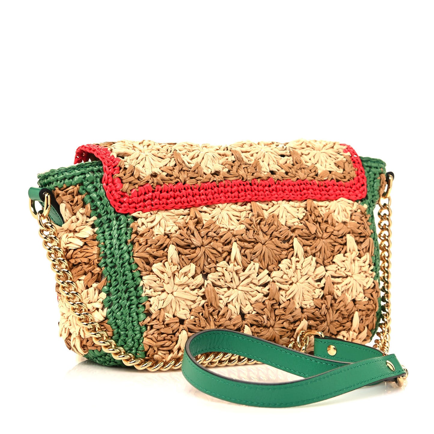 Raffia Azalea Calfskin Crochet Flower Small GG Marmont Shoulder Bag Natural Ecru Green Red New Shamarock