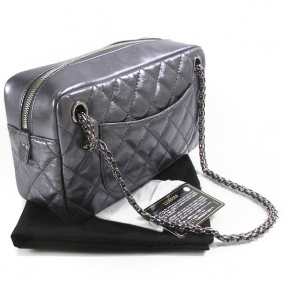 Metallic Aged Calfskin Quilted Medium Reissue Camera Case Dark Silver