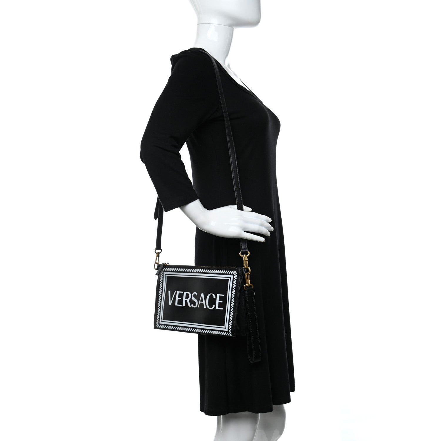 Versace Calfskin 90's Vintage Logo Crossbody Clutch Black White 2 of 8
