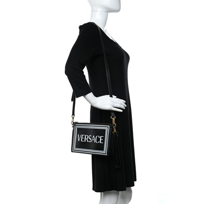 Versace Calfskin 90's Vintage Logo Crossbody Clutch Black White 2 of 8