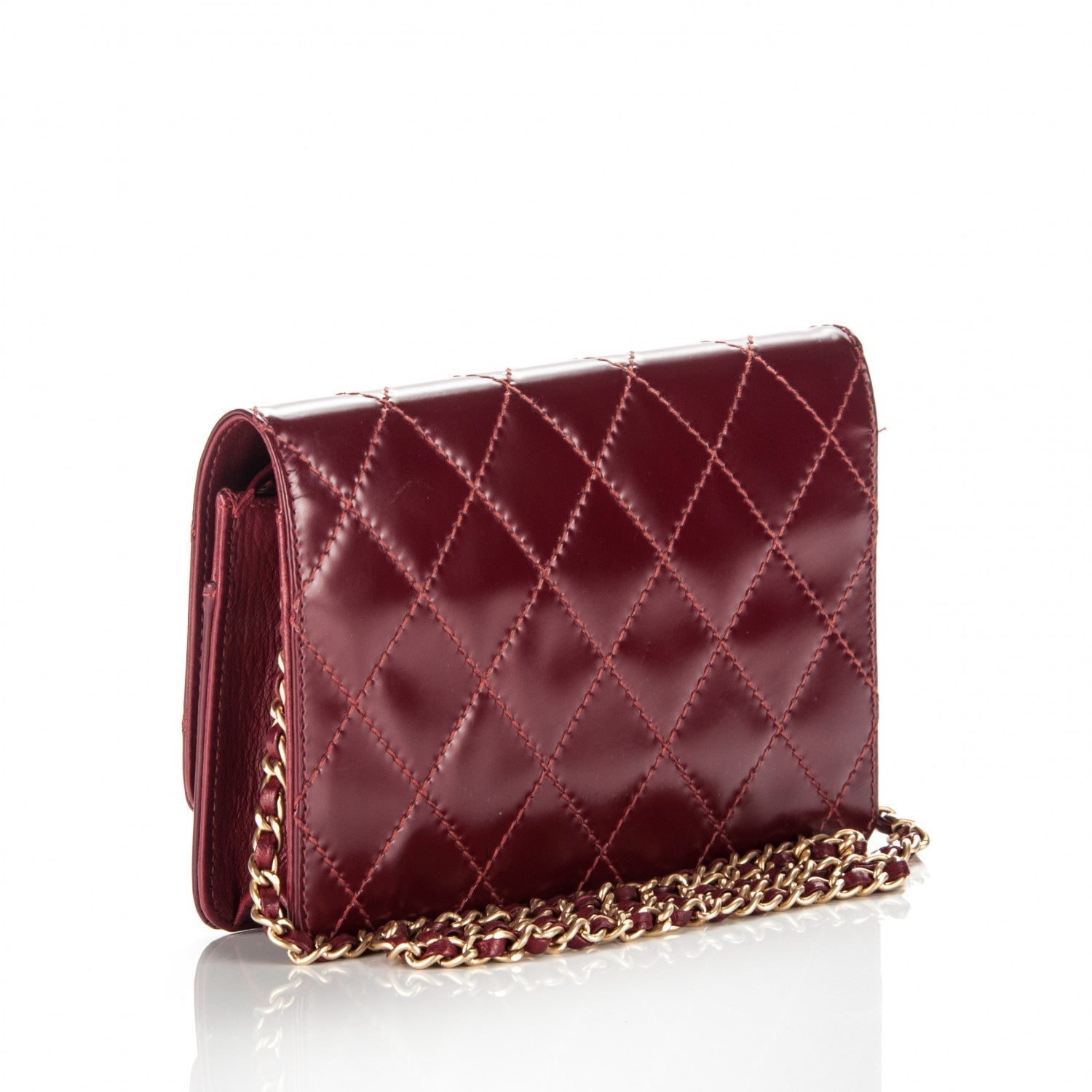 Chanel Glazed Calfskin Quilted Wallet On Chain WOC Dark Red 3 of 13