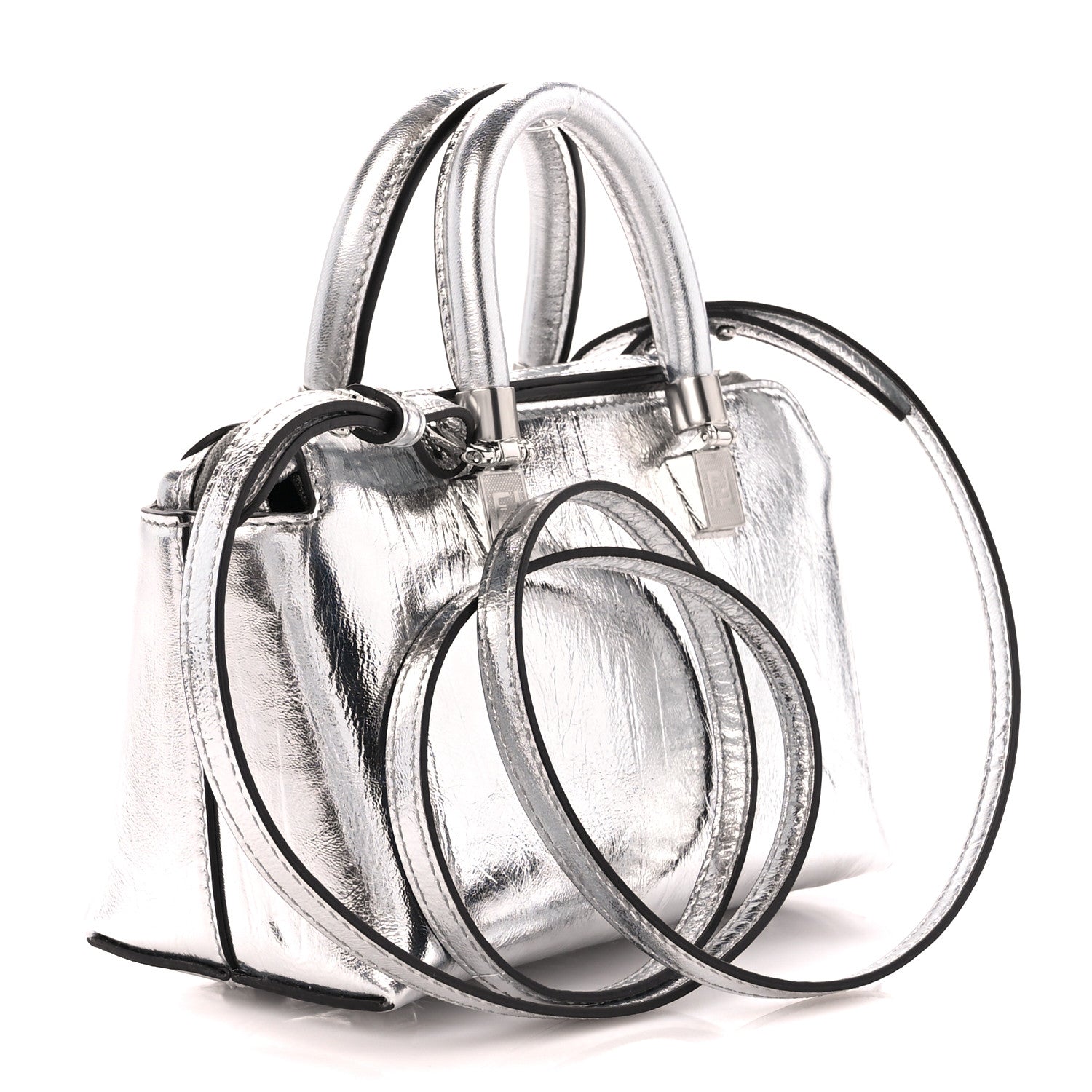 Fendi Rock Millenium Logo Embossed Mini By The Way Top Handle Boston Bag Argento 3 of 12