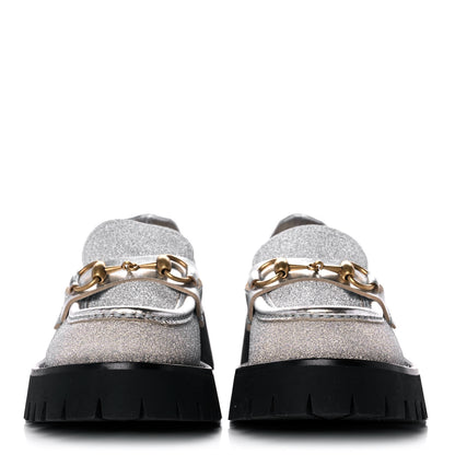 Gucci Mini Diamond Storm Silk Calfskin Womens Harald Horsebit 25mm Platform Loafers 36 Silver 2 of 11