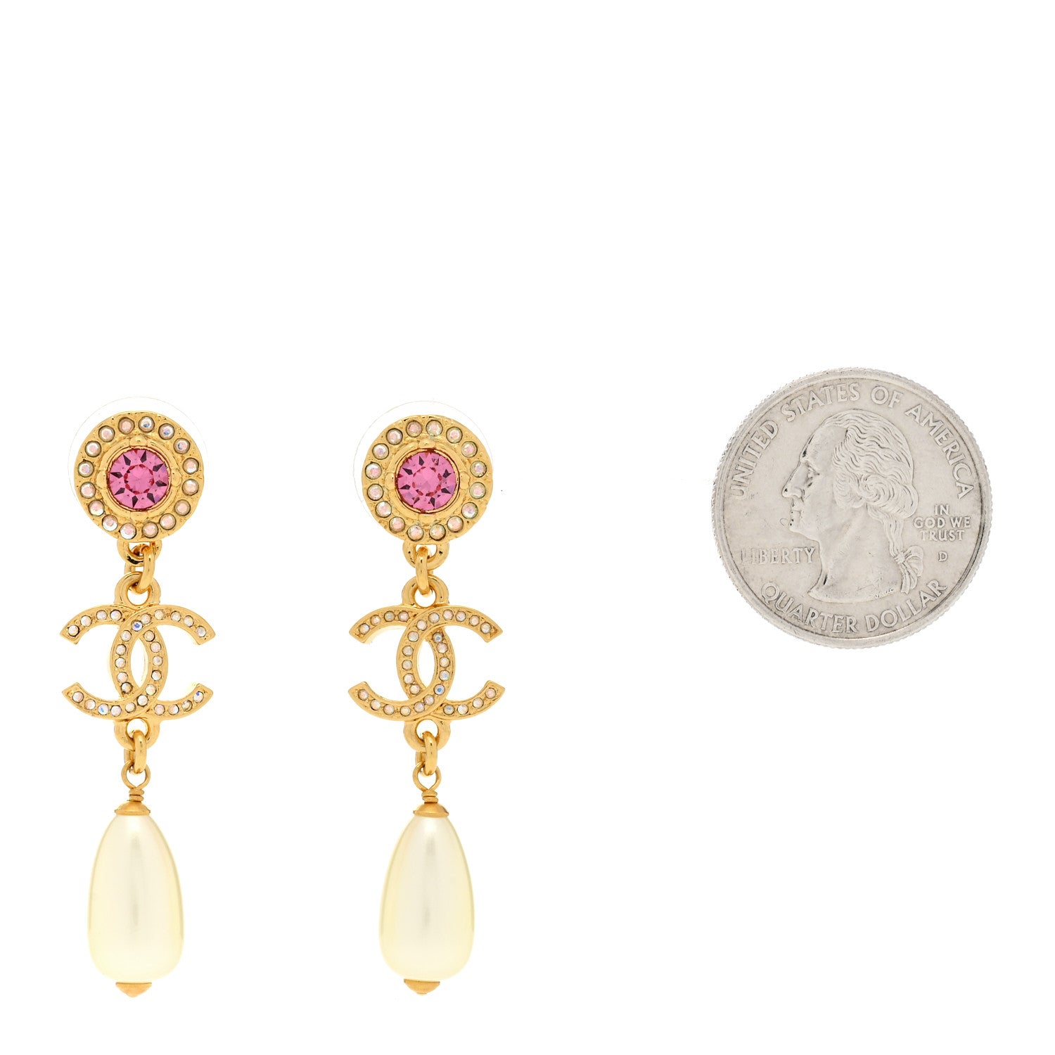 Chanel Metal Crystal Pearl CC Drop Earrings Gold Pink White 2 of 5