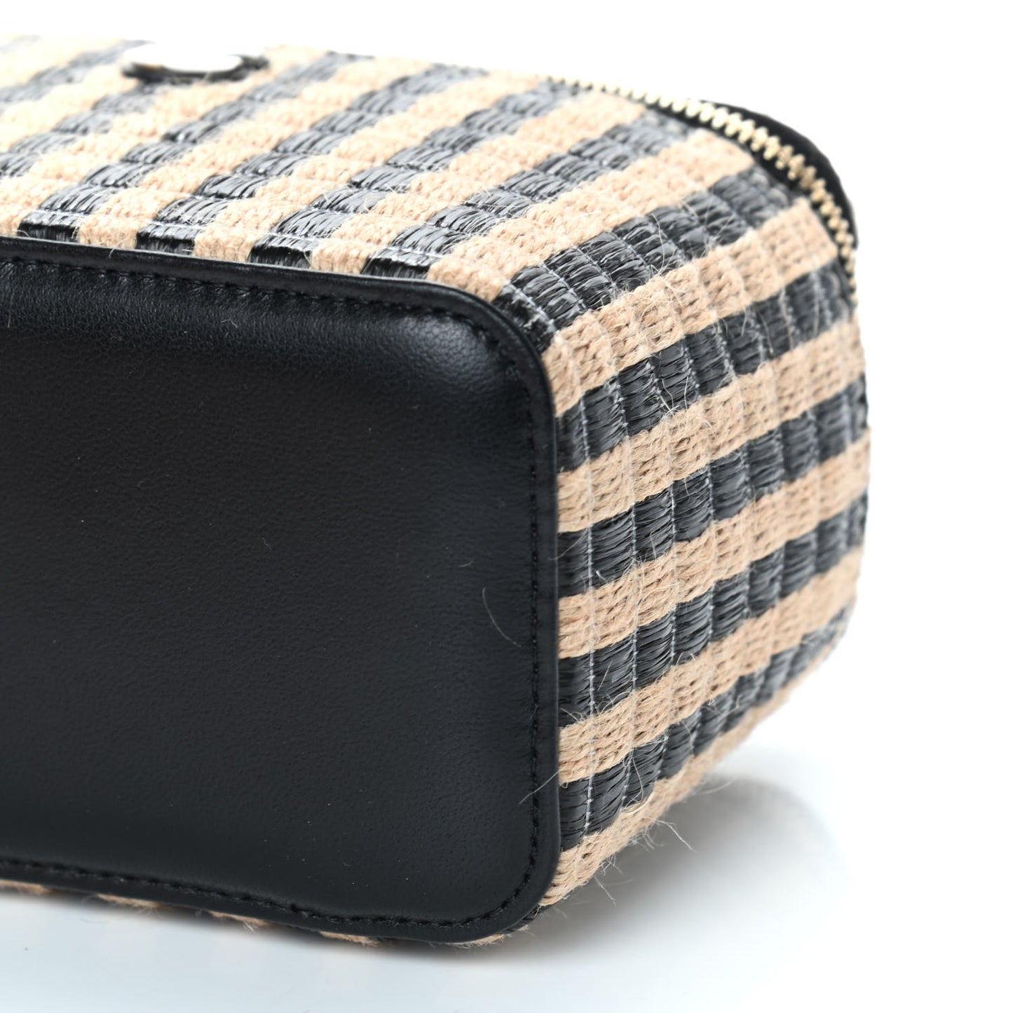 Raffia Jute Striped Small Vanity Case With Chain Black Beige