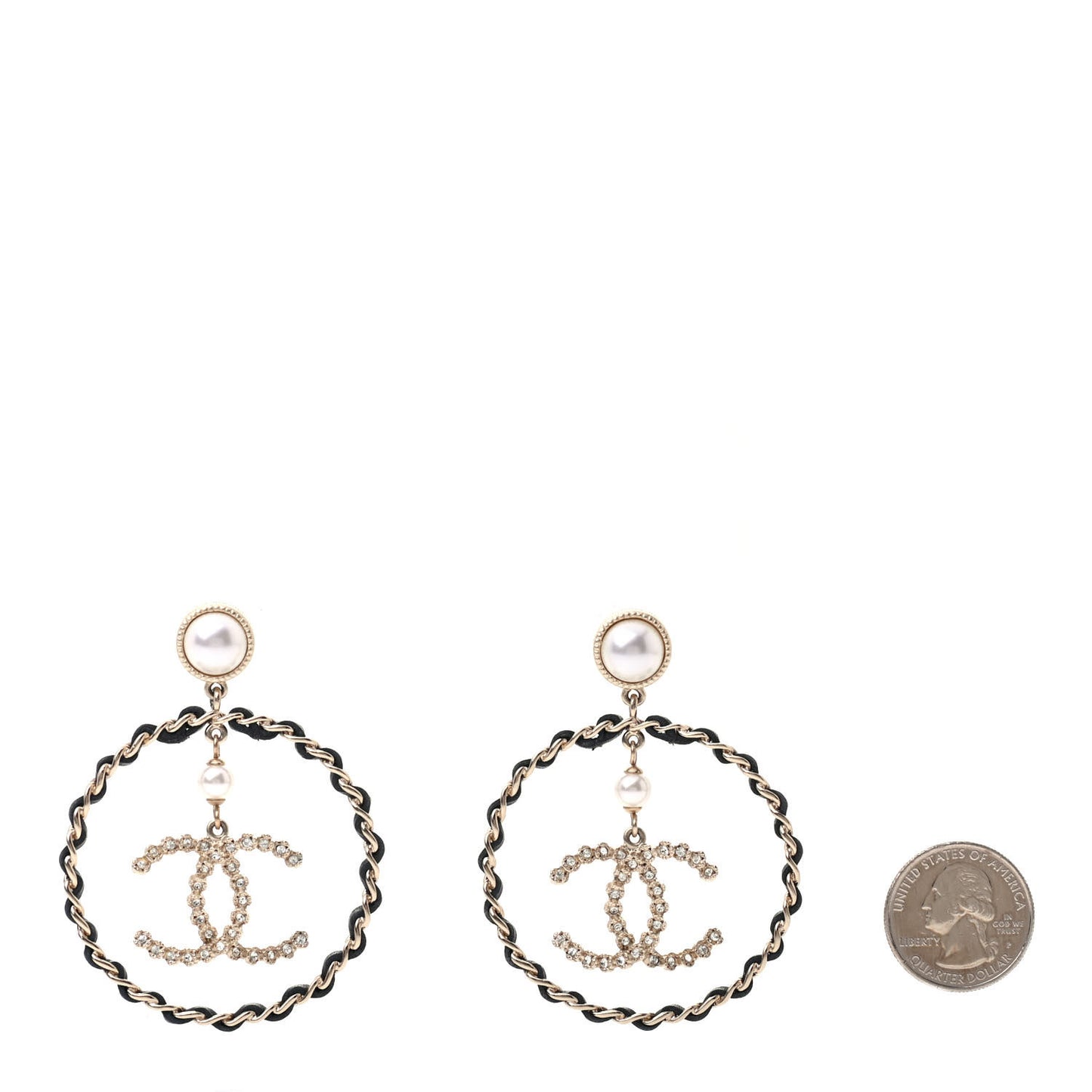Lambskin Crystal Pearl CC Chain Hoop Earrings Gold Black