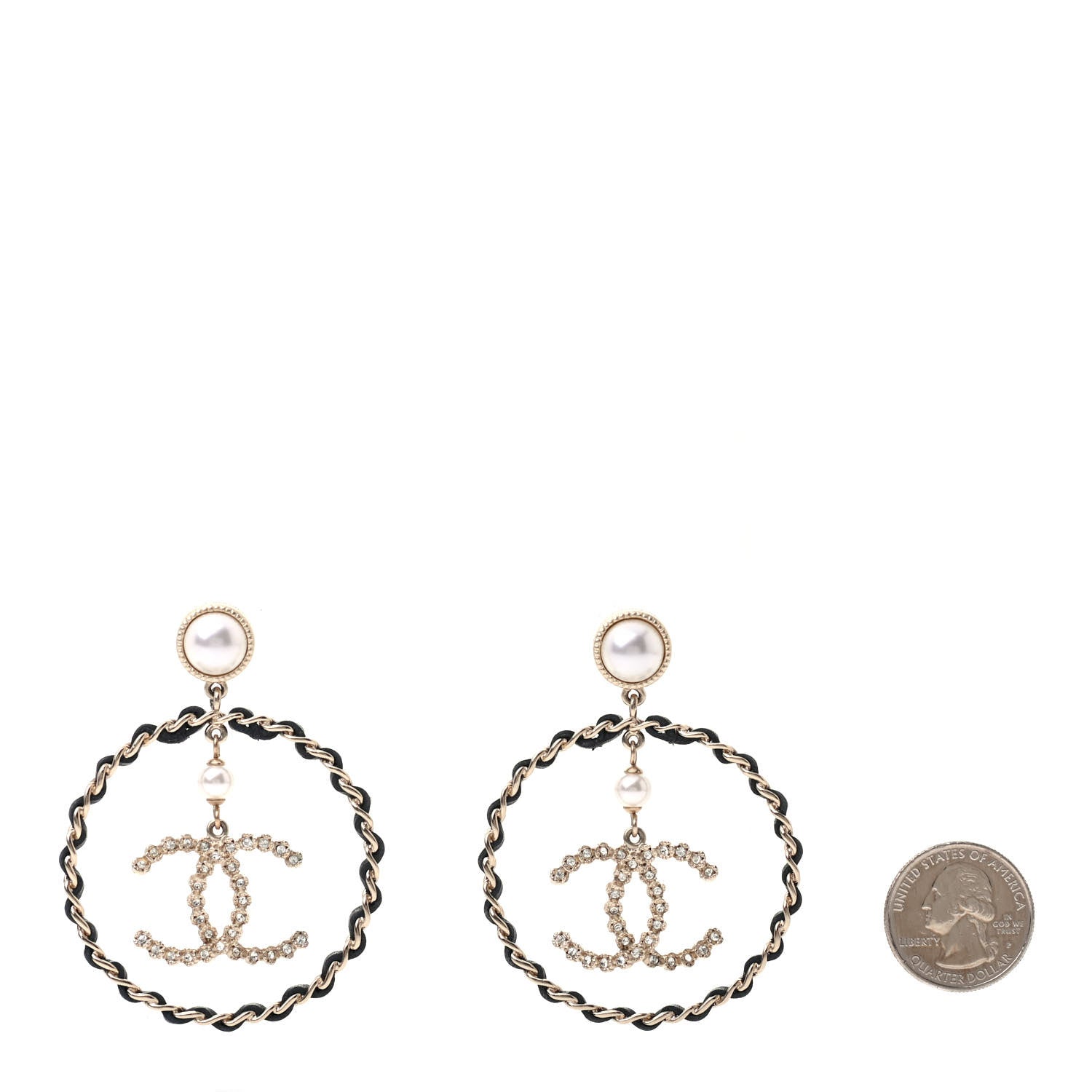 Chanel Lambskin Crystal Pearl CC Chain Hoop Earrings Gold Black 2 of 5