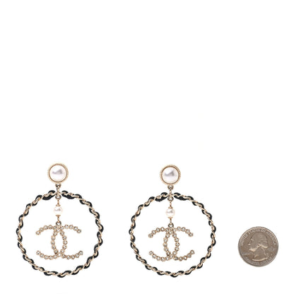 Chanel Lambskin Crystal Pearl CC Chain Hoop Earrings Gold Black 2 of 5