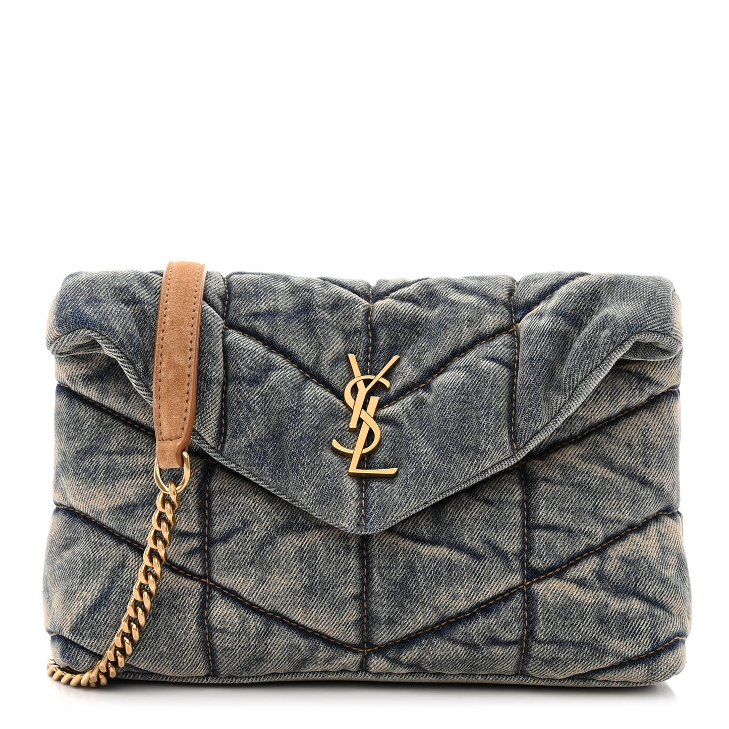 Denim Quilted Toy Loulou Puffer Monogram Chain Satchel Blue Cinnamon
