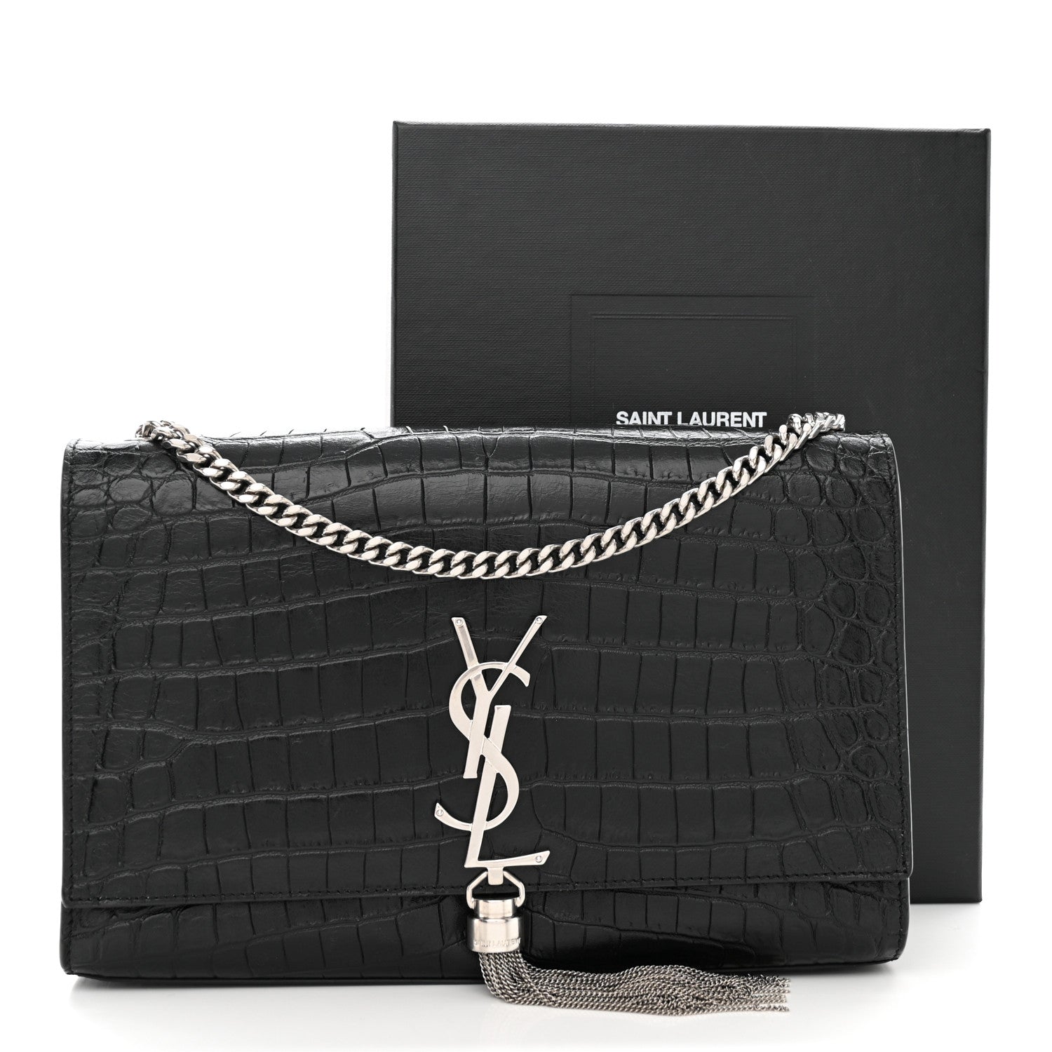 Saint Laurent Calfskin Crocodile Embossed Medium Classic Monogram Kate Tassel Satchel Black 11 of 11