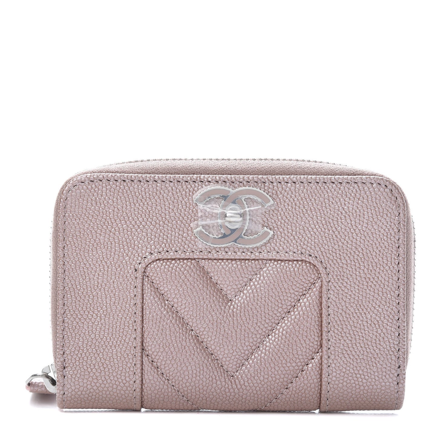 Metallic Caviar Chevron Quilted Vintage Mademoiselle Zip Coin Purse Pink