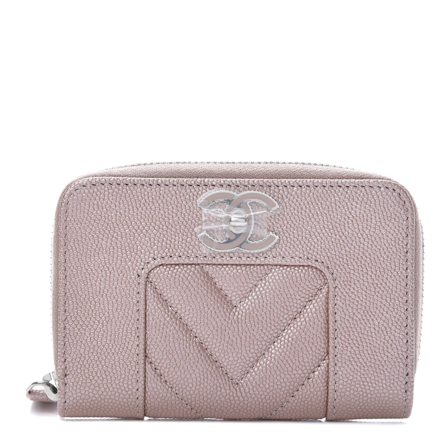 Chanel Metallic Caviar Chevron Quilted Vintage Mademoiselle Zip Coin Purse Pink 1 of 8