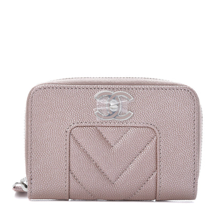Chanel Metallic Caviar Chevron Quilted Vintage Mademoiselle Zip Coin Purse Pink 1 of 8